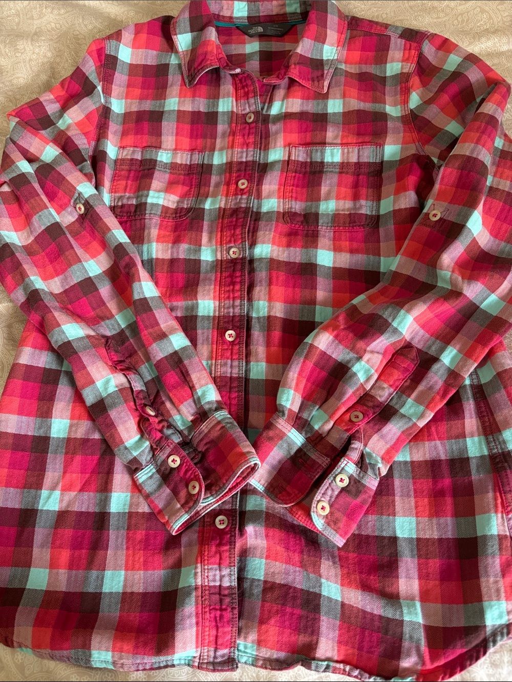 The North Face Pink and Aqua Plaid Women's Button-Up